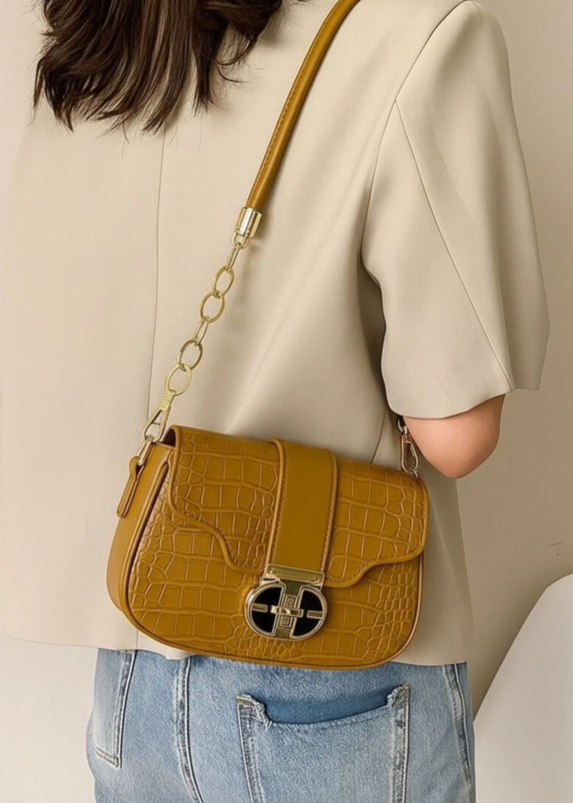 Croc-Embossed Faux Leather Shoulder Bag