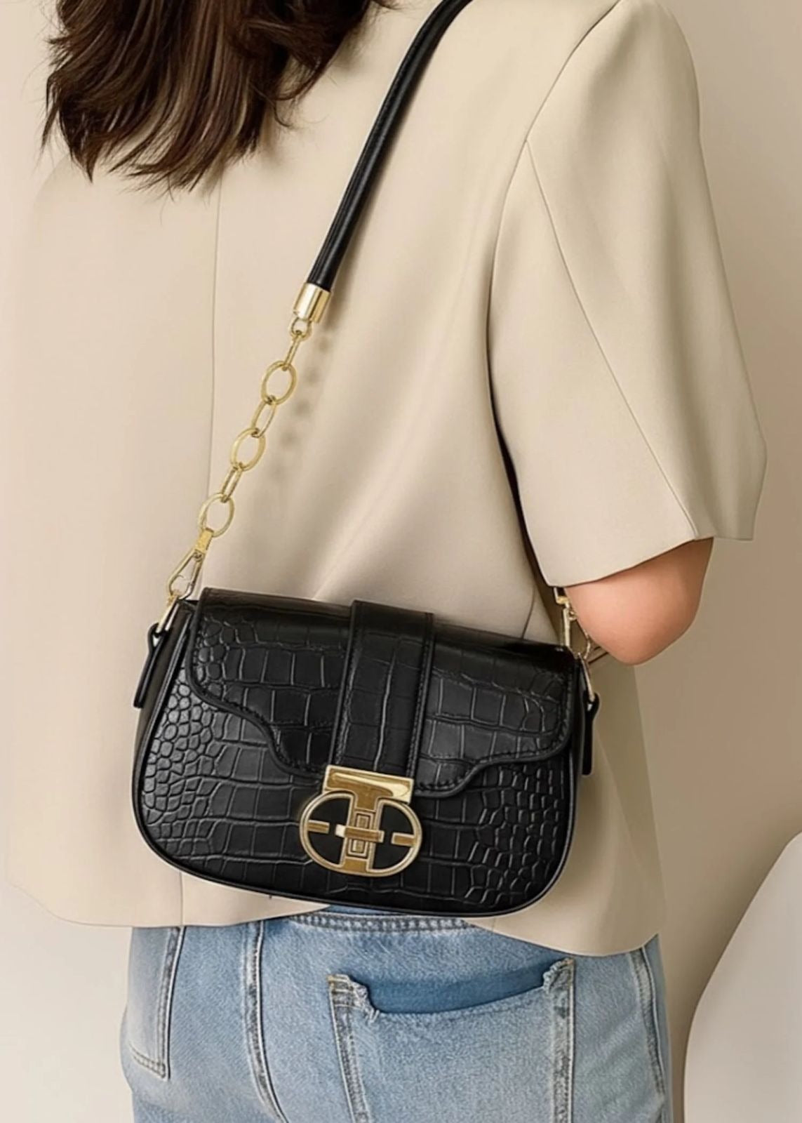 Croc-Embossed Faux Leather Shoulder Bag